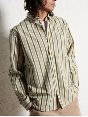 Les Deux Straight Long Sleeve Button Shirt in Green & White Cotton in Large